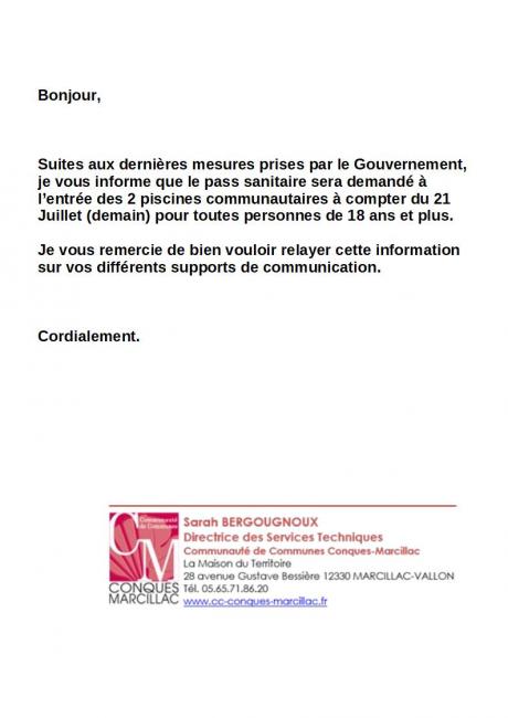 Consignes Pass sanitaires pour l'accès aux piscines de la communauté des communes